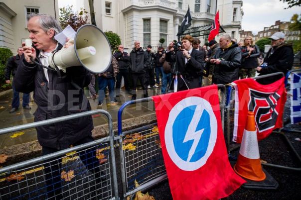 The Circled Flash on display at a fascist demo outside the Greek Embassy, London, 2013.